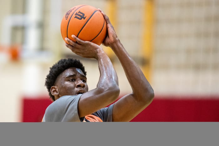 Kaleb Banks rises up for a shot during practice at Cook Hall in Bloomington, Ind.
